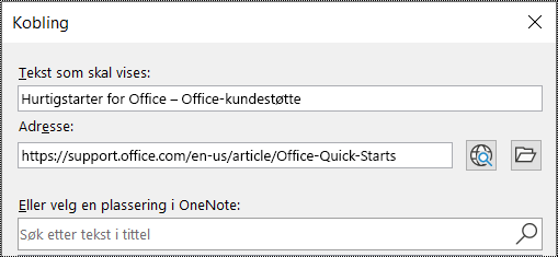 Skjermbilde av dialogboksen Kobling i OneNote. Inneholder to felt som skal fylles ut: Tekst som skal vises, og adresse.