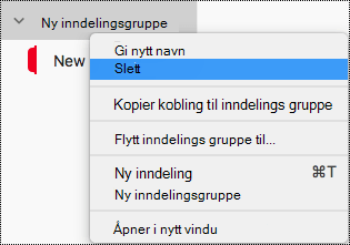 Slette en inndelingsgruppe i OneNote for Mac