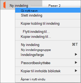 Hurtigmeny for inndeling med utheving av Gi nytt navn til inndeling.