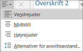 Skjermbilde av alternativene for avsnittsjustering i OneNote 2016.