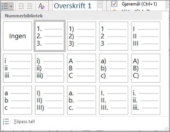 Skjermbilde av alternativet Nummerert liste i Hjem-menyen.