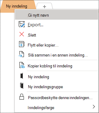 Skjermbilde av hurtigmenyen med alternativet Gi nytt navn valgt.