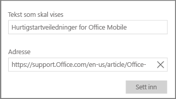 Skjermbilde av dialogboksen for å legge til en hypertekstkobling i OneNote for Windows 10.