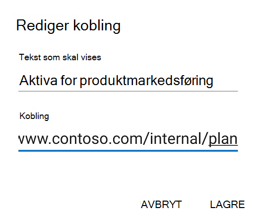 Dialogboksen Rediger kobling i Outlook for Android.
