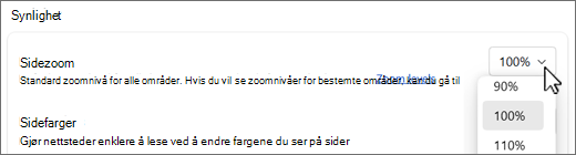 Skjermbilde av rullegardinmenyen for sidezoomnivåer.