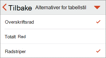 Tabelloverskriftsmeny i PowerPoint for iOS.