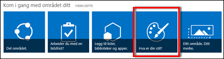 Nyopprettet område i SharePoint Online som viser klikkbare fliser for å tilpasse området ytterligere