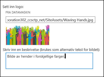 Dialogboksen for tittel og logo på nytt område i SharePoint Online viser hvordan du lager alternativ tekst for logobildet