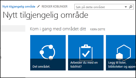 Skjermbilde av nytt SharePoint-område som viser fliser som brukes til å tilpasse området