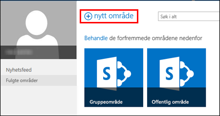 Nistes side i SharePoint Online, som viser den nye område-knappen