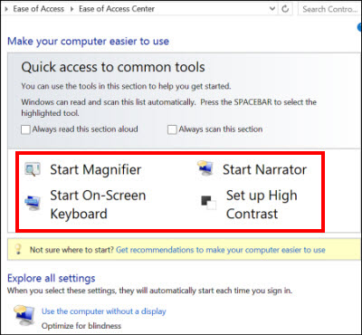Dialogboksen Windows hjelpemiddelsenter, der du kan velge hjelpeteknologi