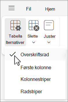 Menyen Tabellalternativer som viser overskriftsradalternativet som er valgt i Outlook på nettet.