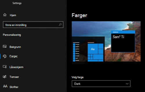 Mørk Windows-modus valgt i tilpassingsinnstillingene for en PC.