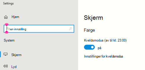 Alternativet Windows Night Light er valgt i skjerminnstillingene.