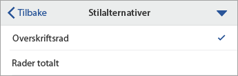 Kommandoen Stilalternativer er utvidet, med Overskriftsrad valgt