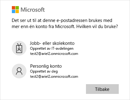 Påloggingsskjermen med to e-postadresser
