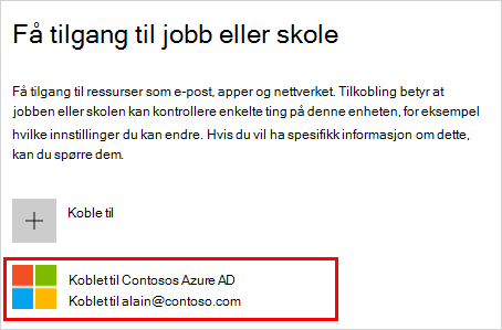 Skjermbilde som viser jobb- eller skolevinduet i Access med kontoen Tilkoblet til (organisasjonen) Azure AD valgt