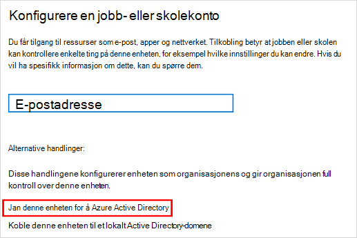 Skjermbildet Konfigurer en jobb- eller skolekonto