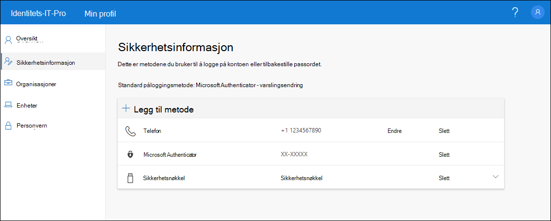 Siden Sikkerhetsinformasjon, der alle registrerte metoder vises