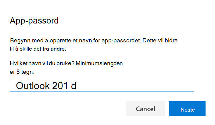 Skjermbilde som viser apppassordsiden med navnet på appen som er angitt