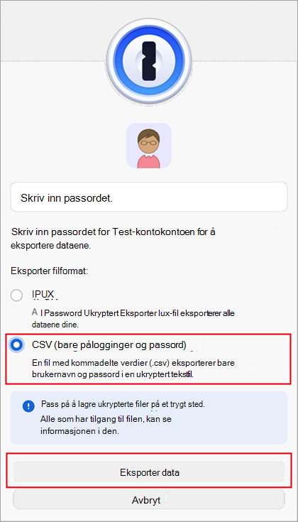 Dialogboksen eksportfil for 1Password.