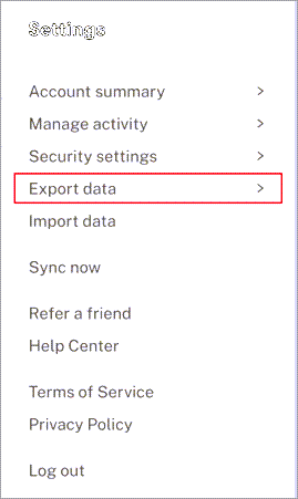 Innstillinger-menyen i Dashlane med Eksporter data uthevet.