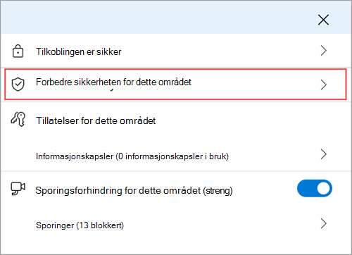 Områdeinformasjonsmenyen i Microsoft Edge viser funksjonen Forbedre sikkerhet for dette området.