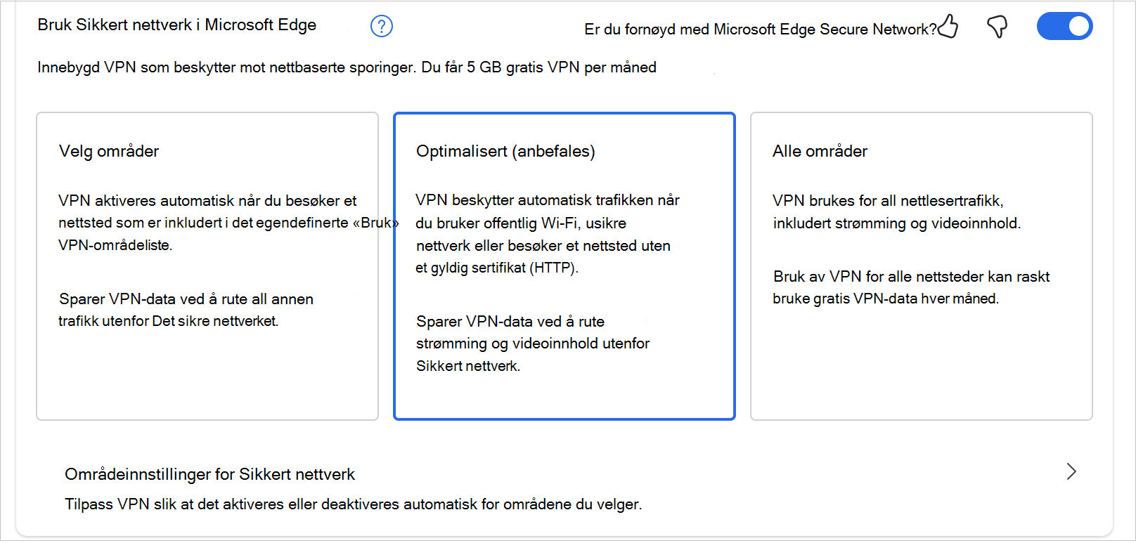 Skjermbilde av alternativene i MicrosoftEdgeSecureNetwrok
