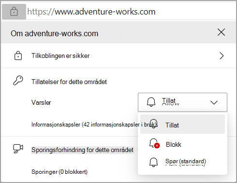 Bilde som viser varslingstillatelsene i adresselinjen i Microsoft Edges-nettleseren.