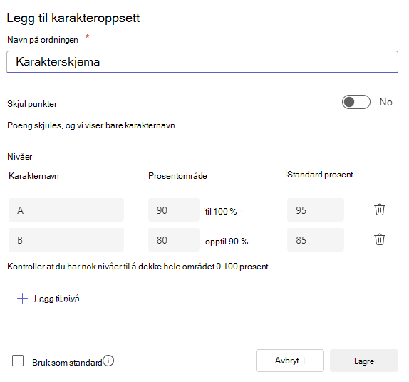 Legg til karakteroppsett