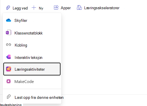 Skjermbilde av navigering for læringsaktiviteter.