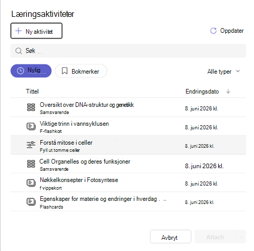 Skjermbilde av å legge ved en læringsaktivitet.