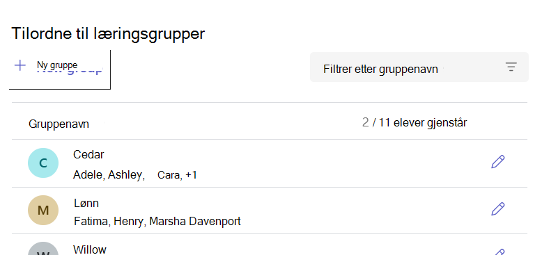 Liste over læringsgrupper som viser navngitte grupper og antall elever i hver gruppe.