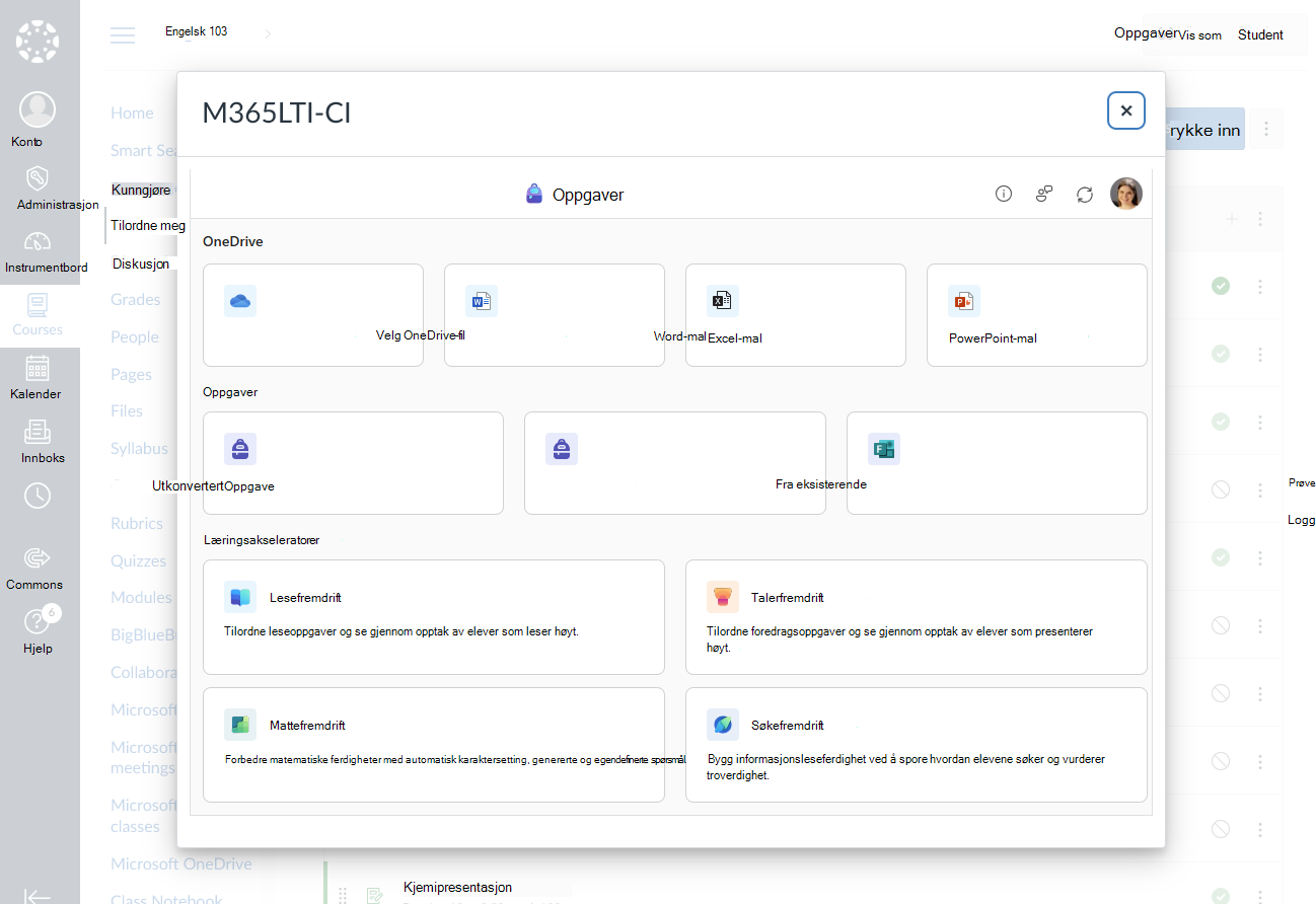 Velg en Microsoft Education å opprette for oppgaven eller modulen