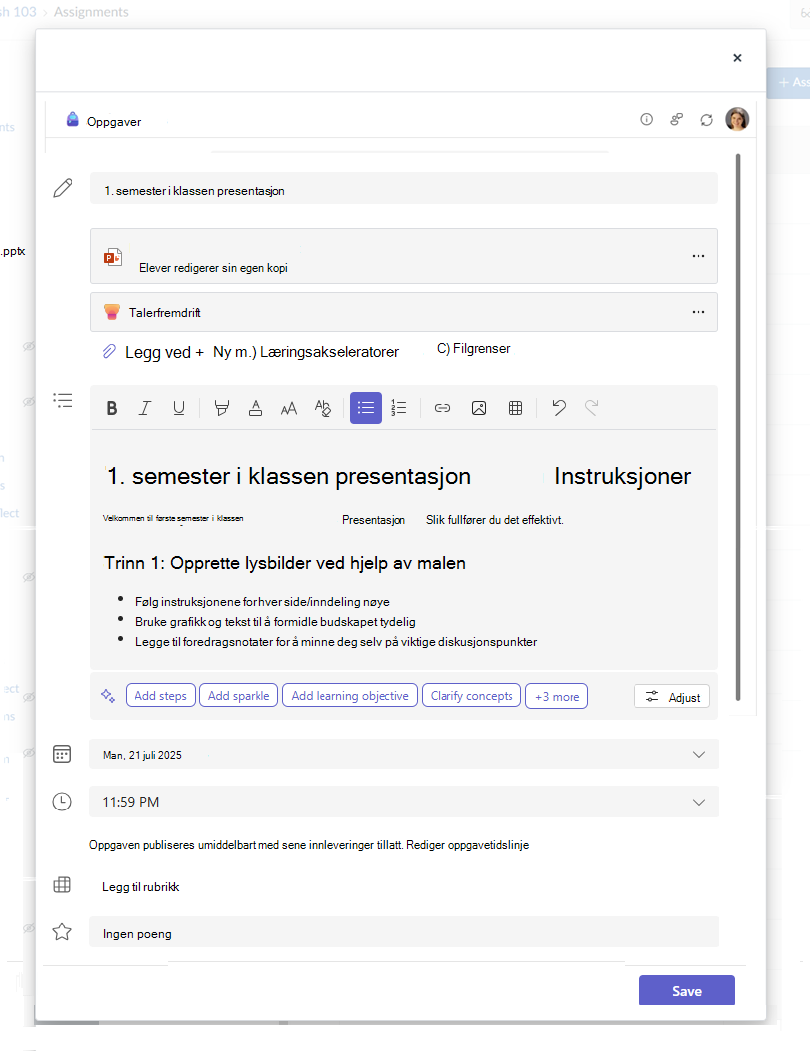 Opprett Microsoft-oppgave-dialogboks med tekst