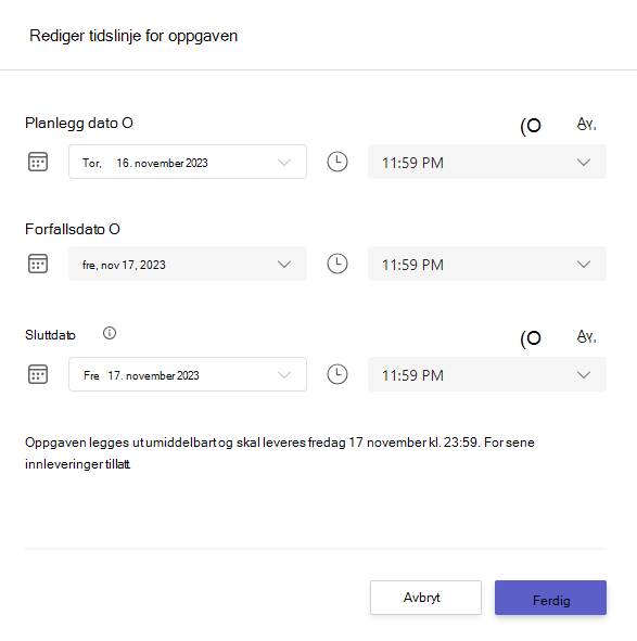 Skjermbilde som viser rediger oppgave tidslinje