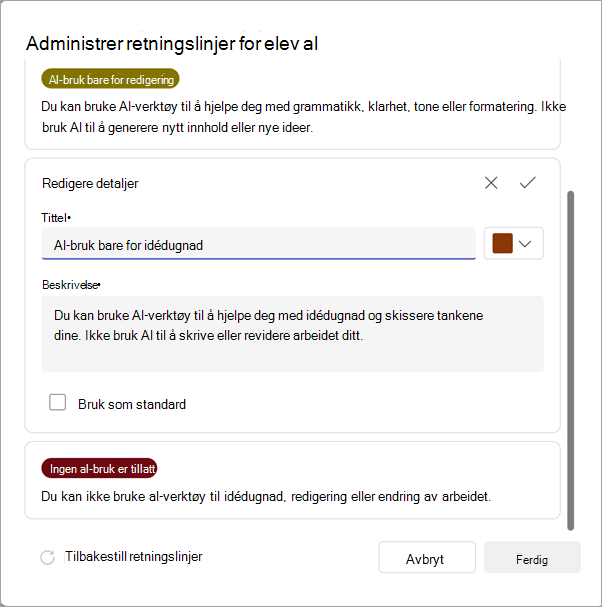 Skjermbilde av alternativer for administrering av retningslinjer for kunstig intelligens.