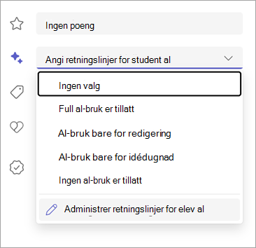 Skjermbilde av alternativer for å angi retningslinjer for elevers kunstig intelligens.