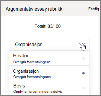 Velg delen av elevoppgaven som skal karaktersettes