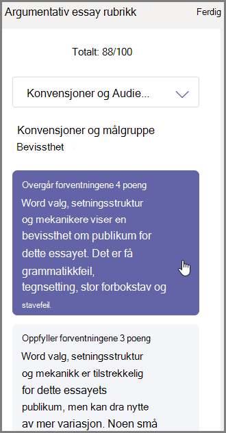 Velg karakteren du vil gi dem for den valgte delen og type tilbakemelding på bunnen
