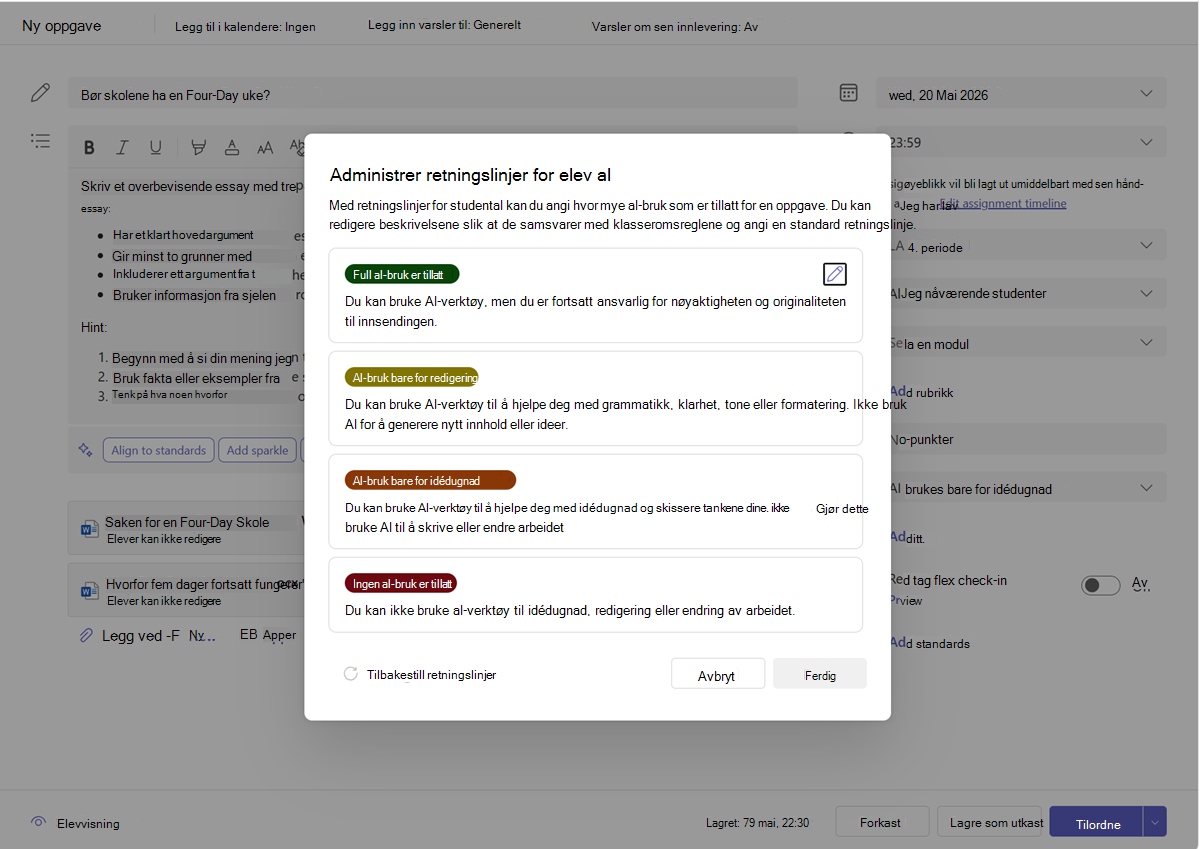 Skjermbilde av alternativer for administrasjon av retningslinjer for elev kunstig intelligens.