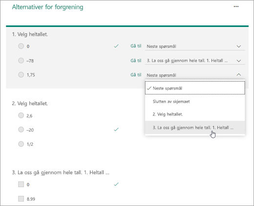 Skjermbilde av forgreningsspørsmål.