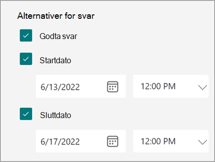 Skjermbilde av skjema-/quiz-innstillinger der brukere kan angi en start- og sluttdato for svar.