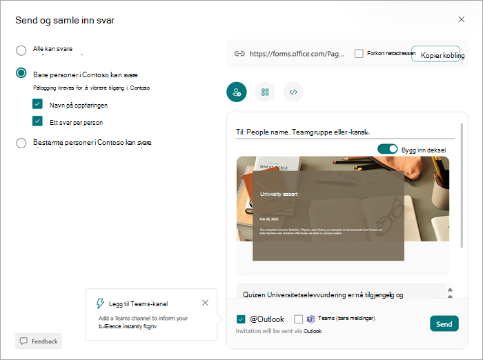 Skjermbilder alternativene du kan velge når du sender et skjema eller en test til elever.