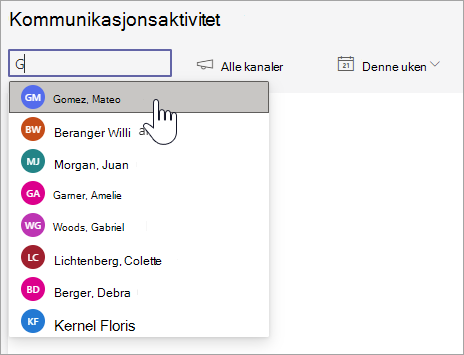 Skjermbilde som viser elevlisten som vises etter at du har søkt etter bokstaven G i Elevsøk-boksen. Andre rullegardinmenyer som vises til venstre, inkluderer kanaler og tidsramme