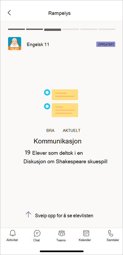 Skjermbilde som viser rampelyset på kommunikasjonsdata fra Insights i mobilvisning, viser en lærer at 19 elever deltok i en diskusjon om Shakespeare.