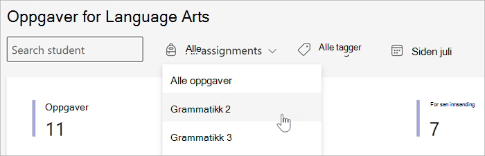 skjermbilde av de tilgjengelige filtrene i visningen Oppgaver og karakterer i Insights. Du kan søke etter elev, etter oppgave etter kode eller etter dato.