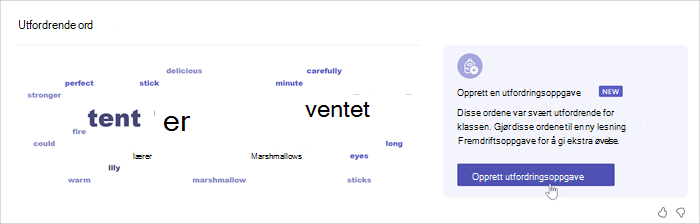Skjermbilde som viser en ordsky som viser hvilke ord elevene feilleser mest. Jo større ordet er, desto flere ganger har elevene gjort feil. En mus holdes over ordet «conspicuous» (iøynefallende), og et popup-vindu viser at ordet ble lest feil 52 ganger.