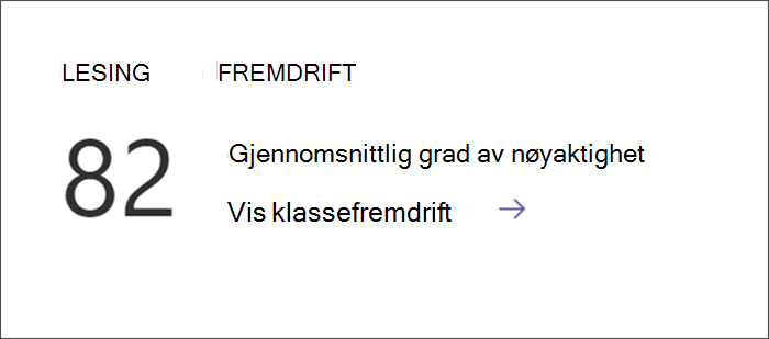 Skjermbilde som viser inngangspunkt for å vise detaljerte lesefremdriftsdata i Innsikter. Gjennomsnittlig nøyaktighetsfrekvens er oppført med en kobling for mer inngående informasjon.