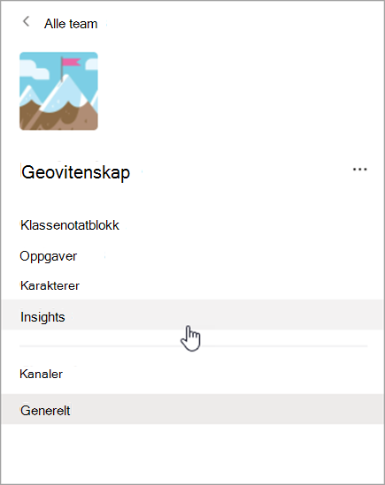 Skjermbilde av navigasjon i Teams